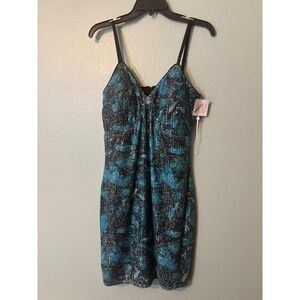 Siena Womens Sequin Mini Dress Teal Blue Floral V-Neck Spaghetti Strap Size 12